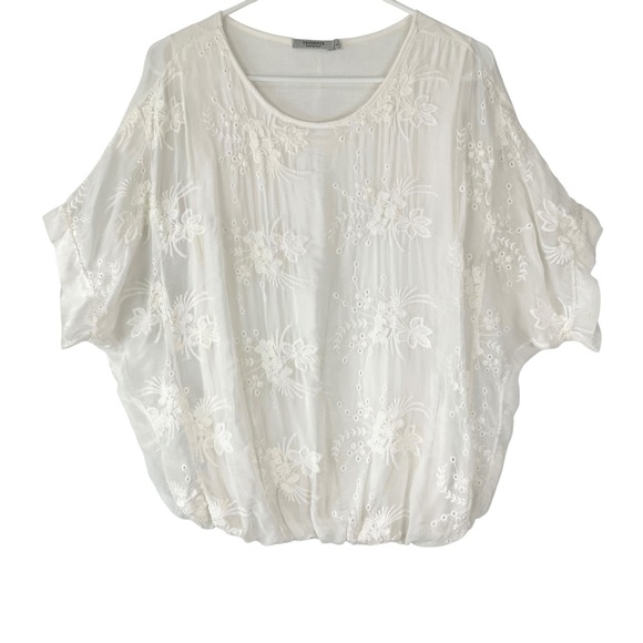 Tendenze Tops - Tendenze Italy White Silk Blend Floral Embroidered Bubble Hem Blouse Top Large